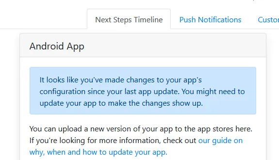 Una schermata della dashboard dell'applicazione webtoapp.design con un messaggio che indica che è necessario un aggiornamento dell'applicazione.