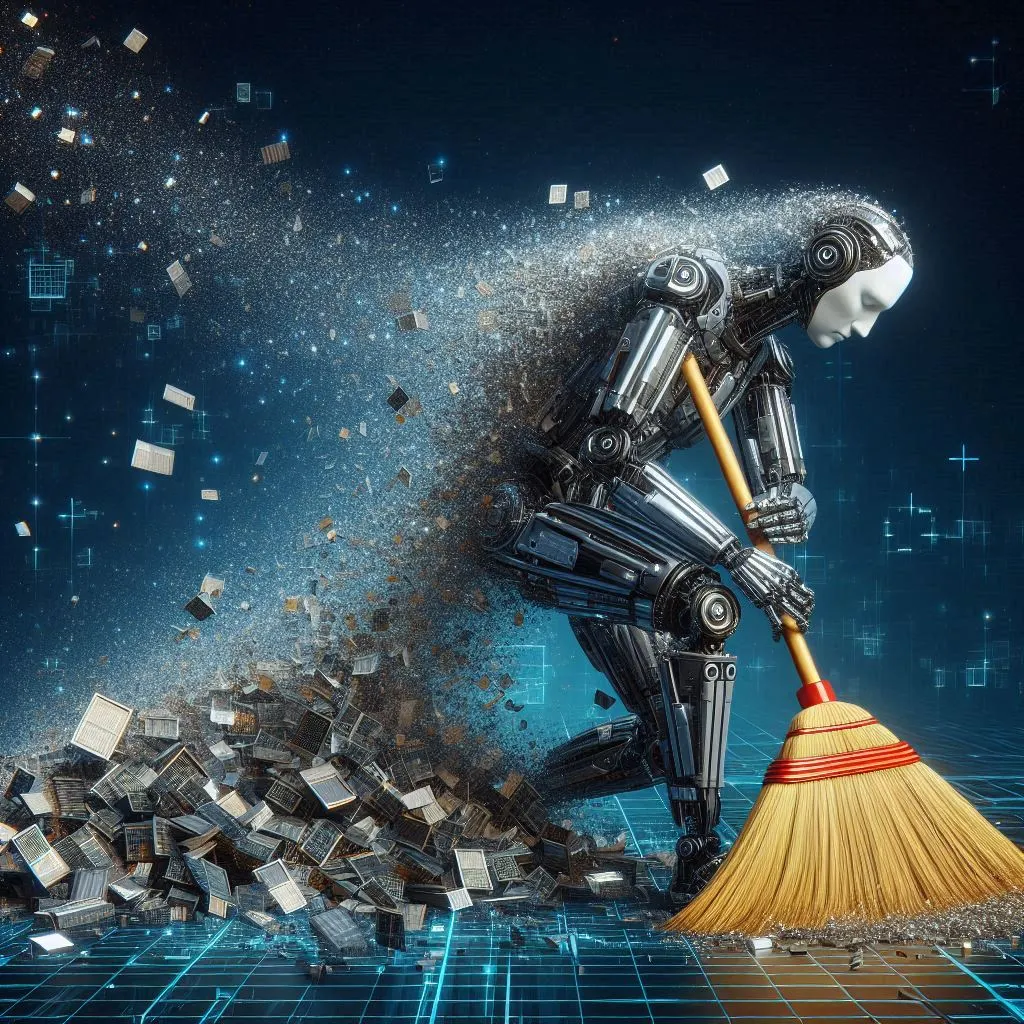 A humanoid robot with a large broom sweeping away a pile of data, digital art