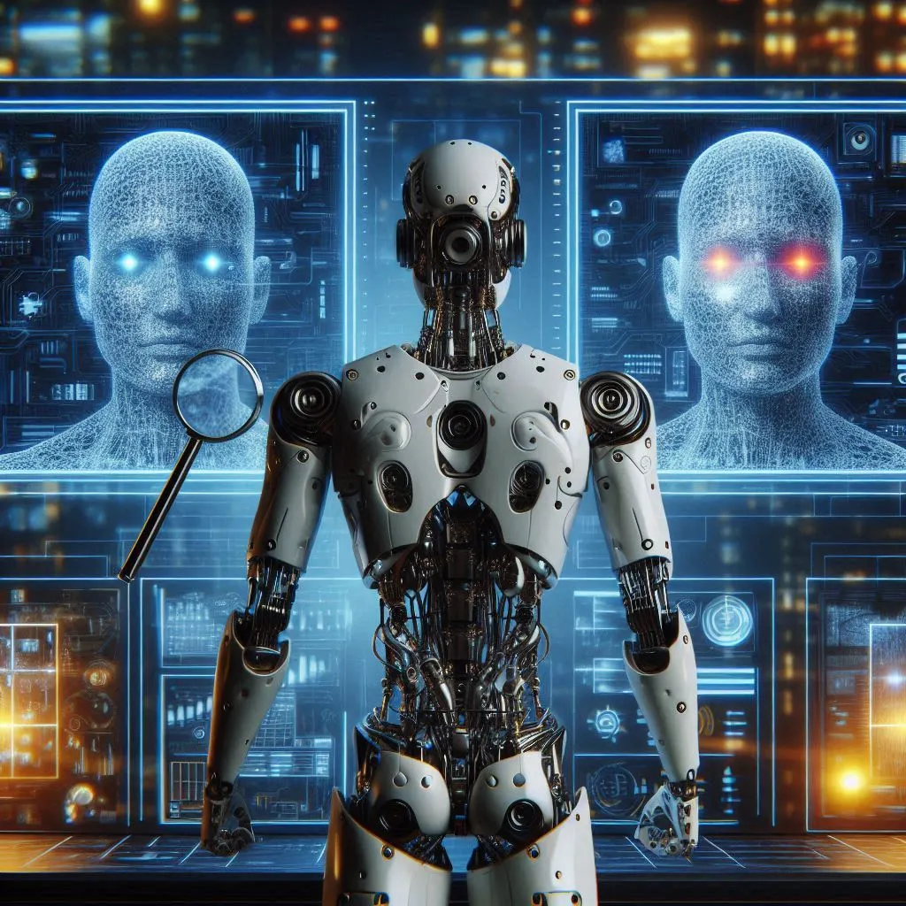 A humanoid robot spotting differences between two similar images on a screen, digital art