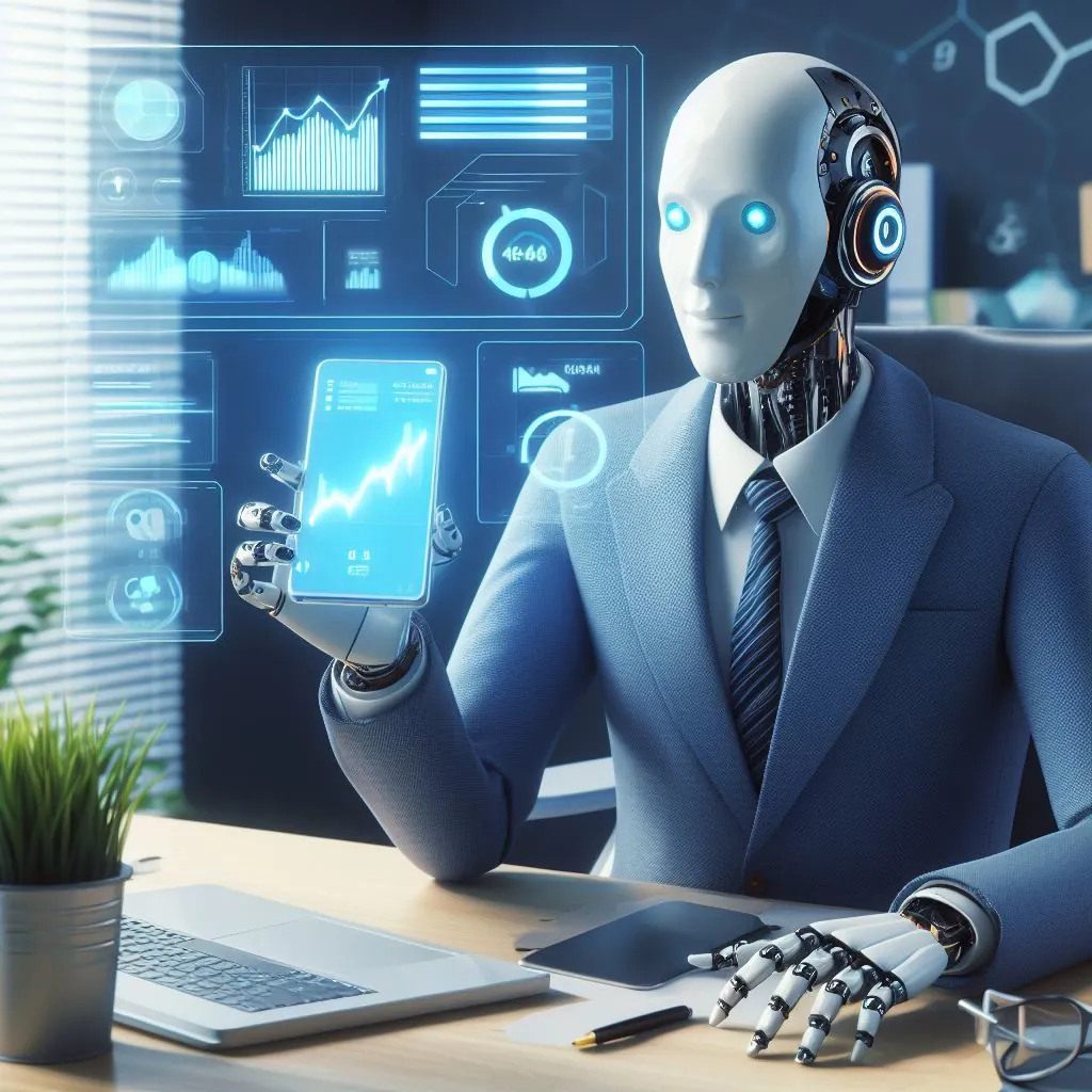 En humanoid robot säljer en app på sitt kontor, digital konst
