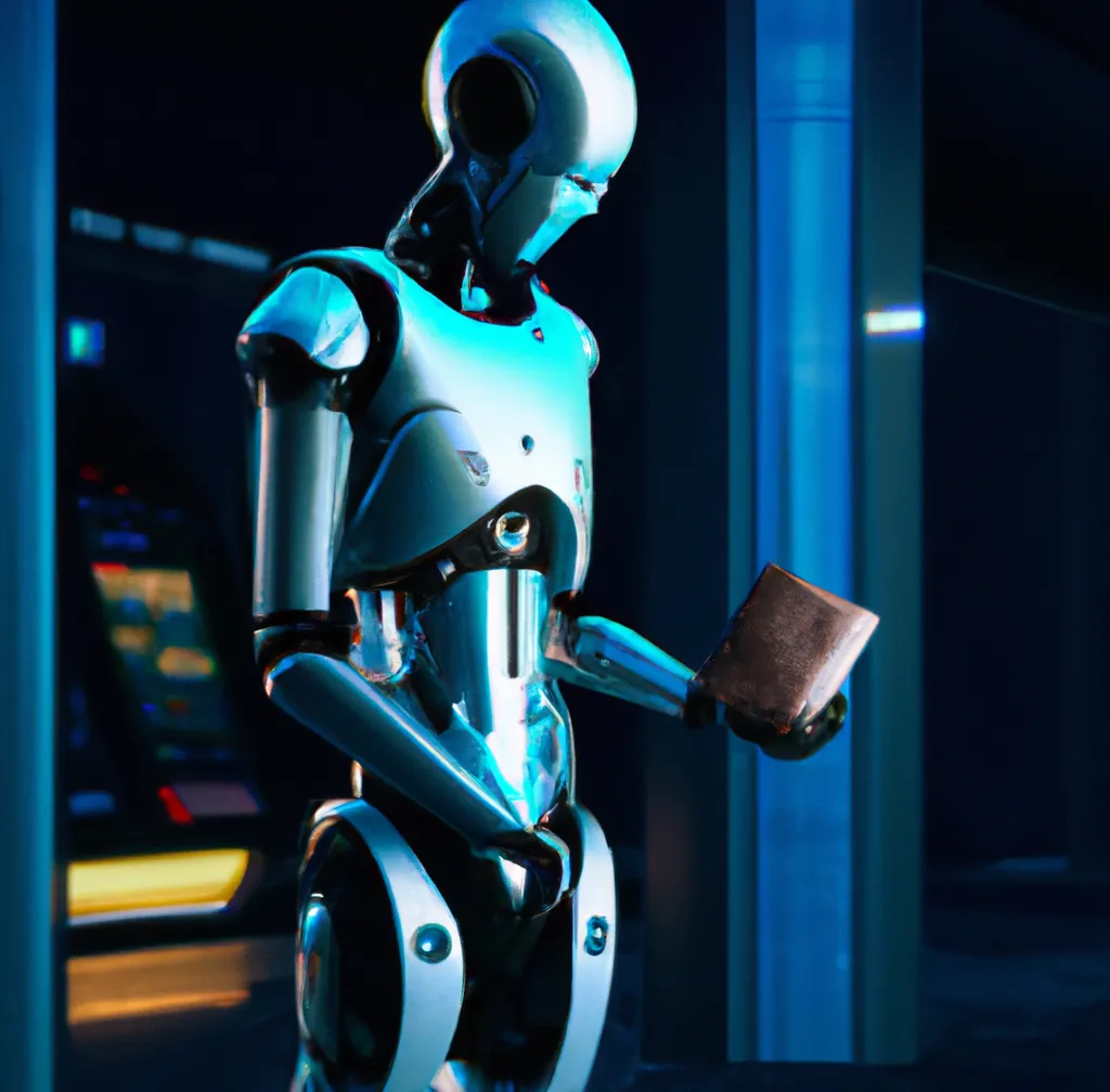 Um robô humanoide olhando para sua carteira em um ambiente futurista, arte digital