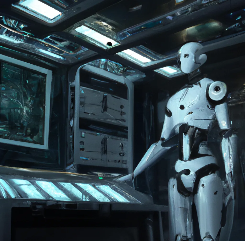 En humanoid robot som använder en stor kontrollpanel i ett rymdskepp, digital konst