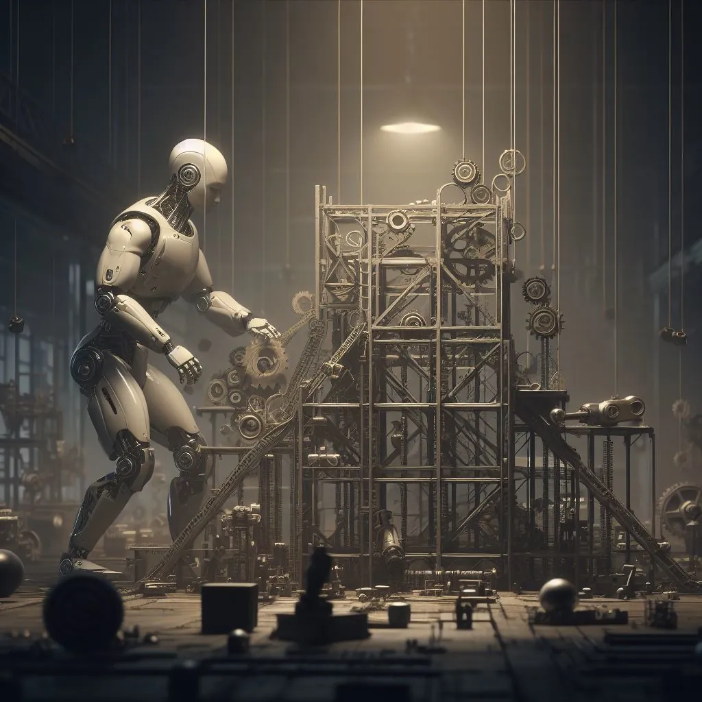 Un robot umanoide che costruisce una macchina Rube Goldberg in un tetro magazzino, arte digitale