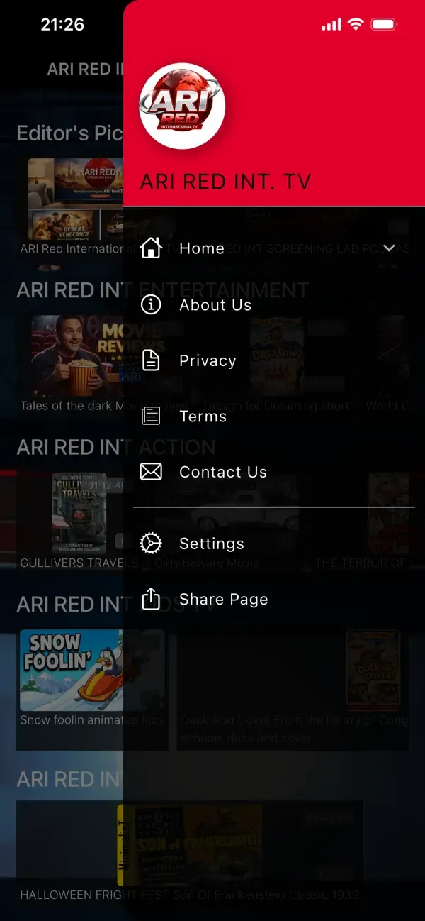 En skärmdump av ARI RED INT. TV mobilapp som skapats genom att omvandla deras webbplats till en app