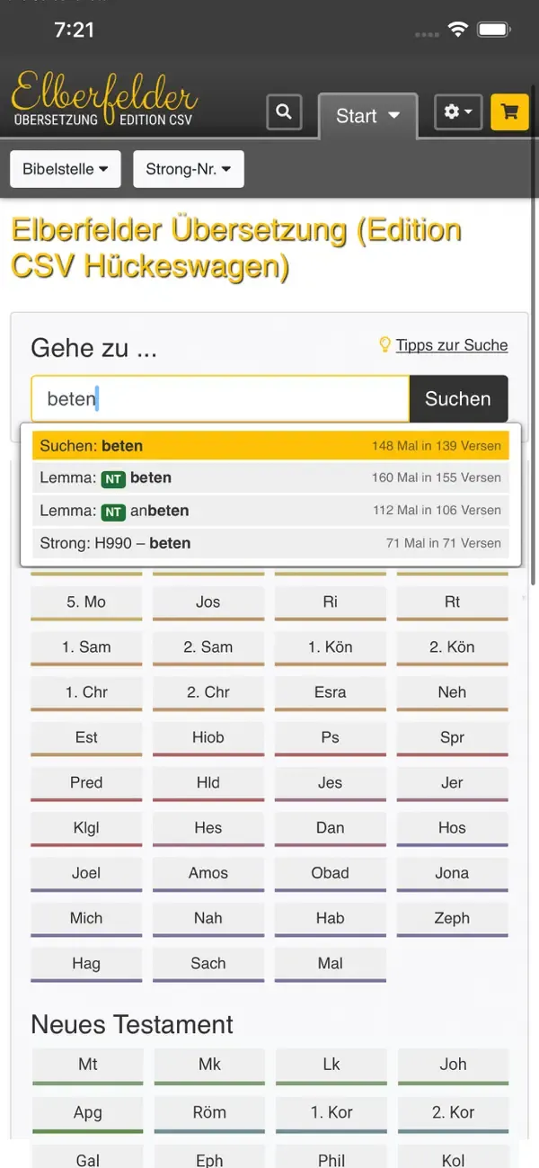 Un grafico contenente uno screenshot dell'app Bibel Elberfelder CSV che abbiamo creato dal sito web Bibel Elberfelder CSV