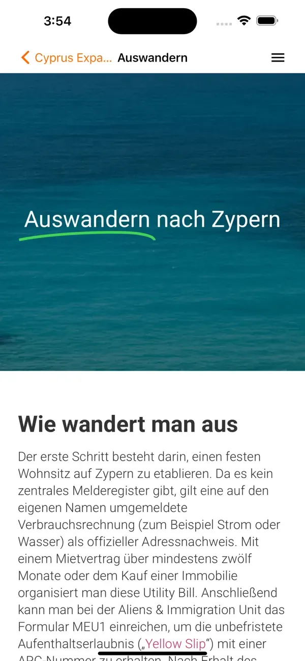 Uno screenshot dell'app Cyprus Expats creata convertendo il loro sito web in un'applicazione
