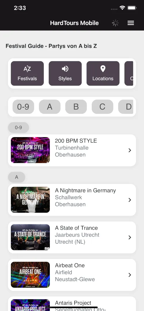 A screenshot of the Hardtours mobile app created by converting their website into an app
