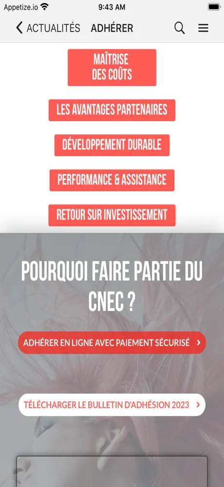 En skärmdump av Le CNEC mobilapp som skapats genom att omvandla deras webbplats till en app