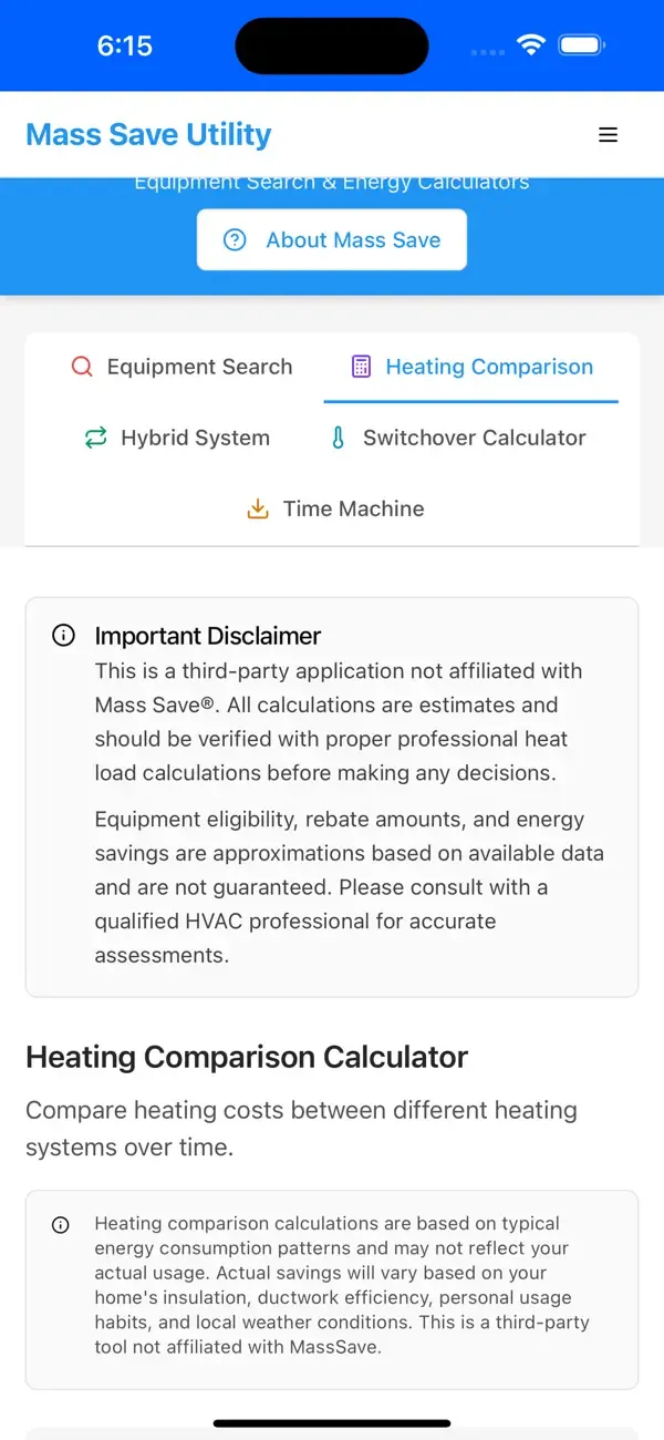 Uno screenshot dell'app MassSaveUtility creata convertendo il loro sito web in un'applicazione