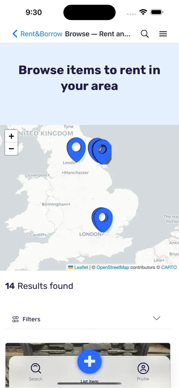Grafico che mostra uno screenshot dell'app Rent&Borrow che abbiamo sviluppato sulla base del rispettivo sito web
