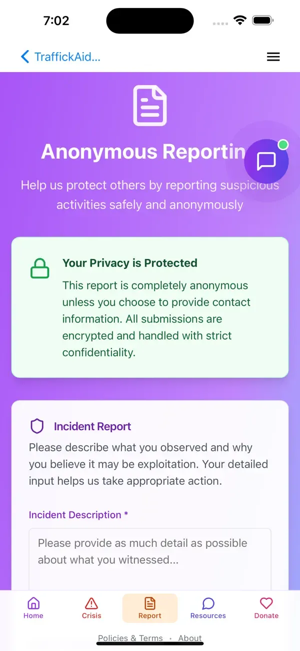 Grafico che mostra uno screenshot dell'app TraffickAid che abbiamo sviluppato sulla base del rispettivo sito web