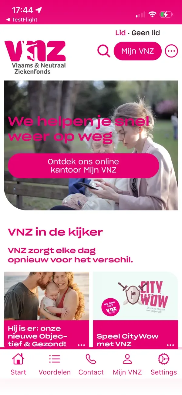 Une capture d'écran de l'application mobile de VNZ créée en convertissant son site web en application