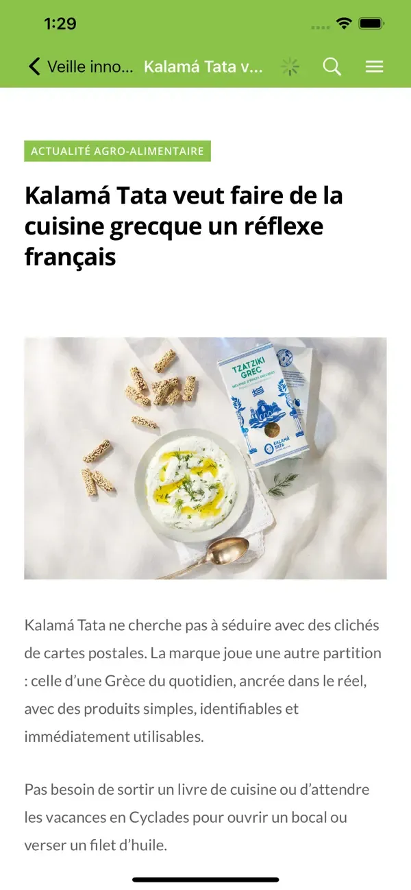 Uno screenshot dell'app Veille innovation alimentaire creata convertendo il loro sito web in un'applicazione